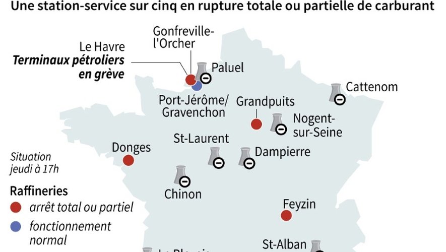 Carte des raffineries et des centrales nucléaires perturbées jeudi en France.