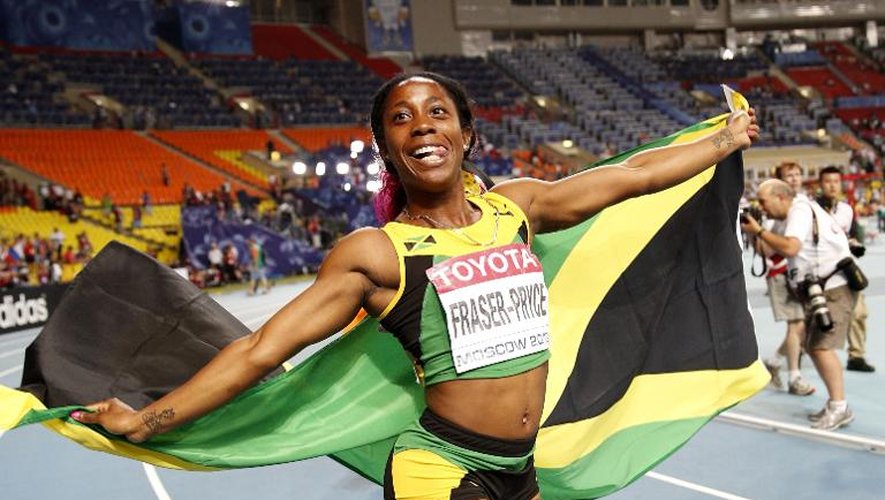 La joie de Shelly-Ann Fraser-Pryce après avoir décroché le titre sur 100 m aux Mondiaux d'athlétisme le 12 août 2013 à Moscou