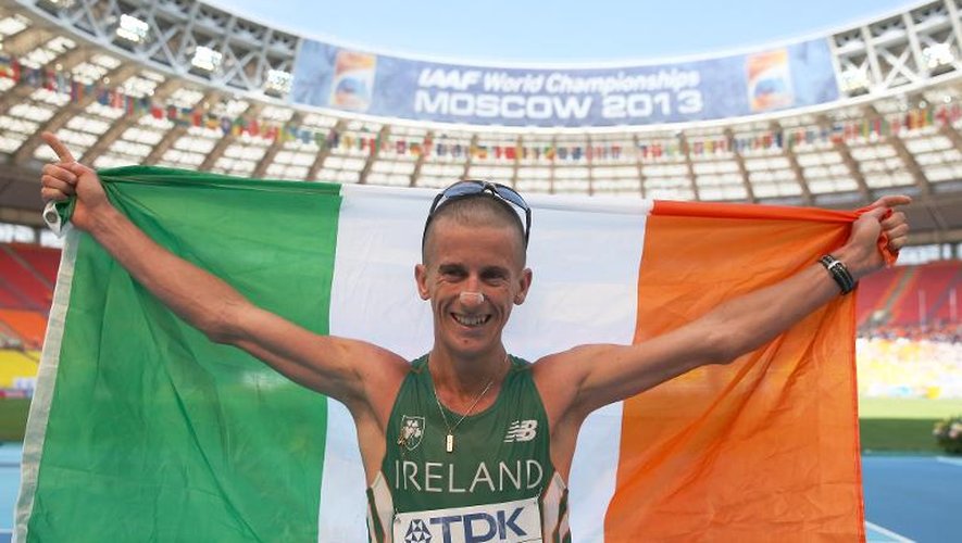 L'Irlandais Robert Heffernan célèbre sa victoire aux 50 km marche, le 14 août 2013 aux Mondiaux de Moscou