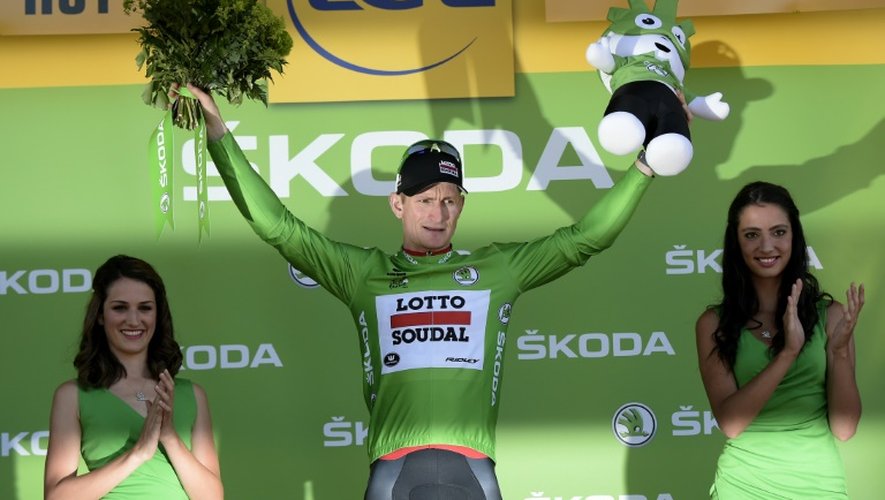L'Allemand Andre Greipel, à l'issue de la 3e étape du Tour de France, le 6 juillet 2015 à Huy en Belgique