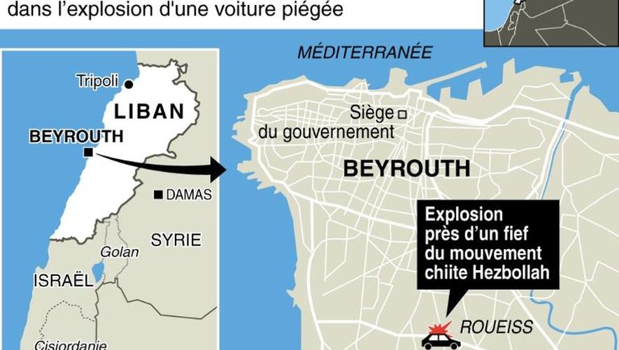 Localisation de l'attentat à la voiture piégée perpétré jeudi dans une banlieue chiite au sud de Beyrouth