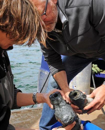 Des archéologues sous marins en train d'examiner des pièces de métal remontées de l'épave qu'ils croient être celle du "Thésée", un navire coulé en 1759 en baie de Quiberon