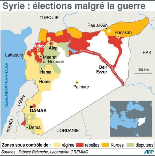 Carte de la Syrie avec les différentes zones contrôlées par le régime, les rebelles ou les Kurdes
