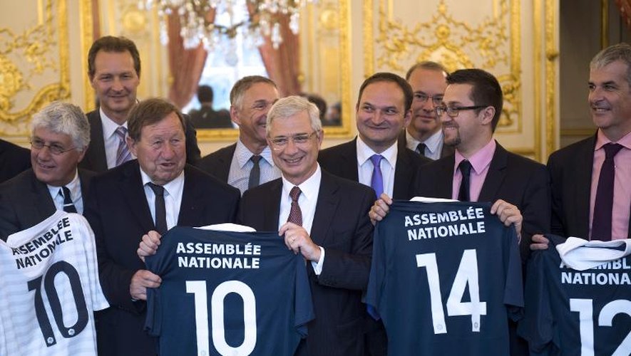 Des députés posent avec leurs maillots de l'"équipe de France de football des députés", à l'Assemblée nationale, le 4 juin 2014