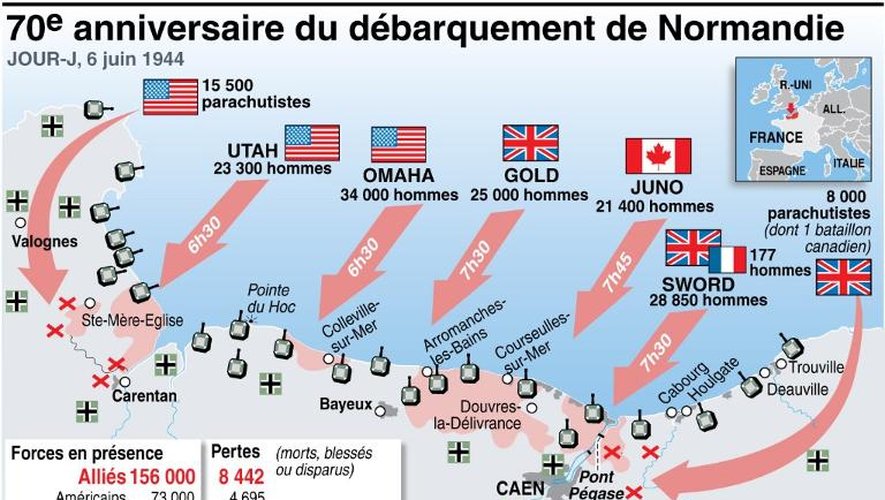 Carte détaillée du débarquement du 6 juin 1944 en Normandie