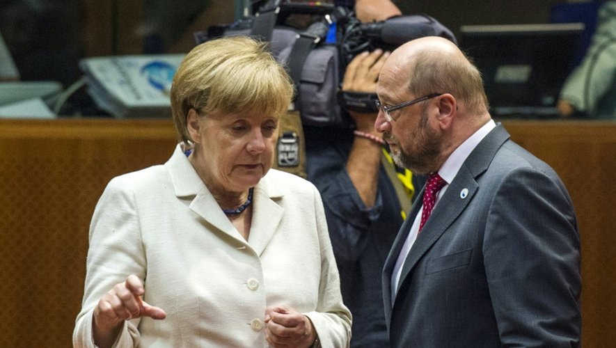La chancelière allemande Angela Merkel et le président du Parlement européen Martin Schulz le 12 juillet 2015 à Bruxelles