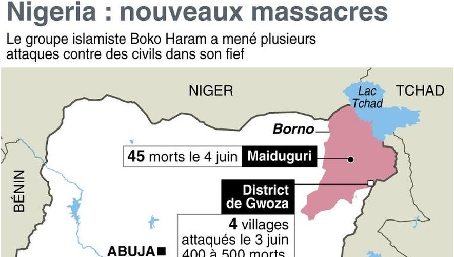 Carte du Nigeria avec la localisation des derniers massacres de Boko Haram dans l'État de Borno