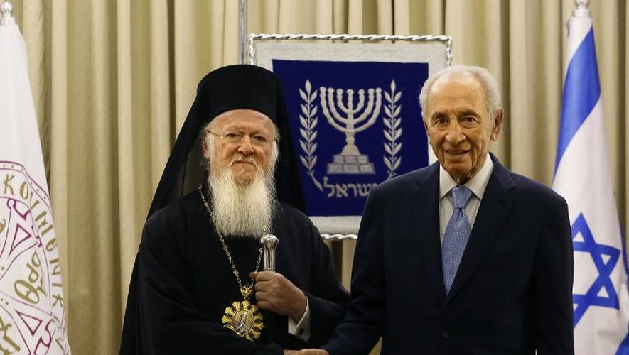 Le patriarche orthodoxe de Constantinople, Bartholomée, et le président israélien Shimon Peres le 27 mai 2014 à Jérusalem