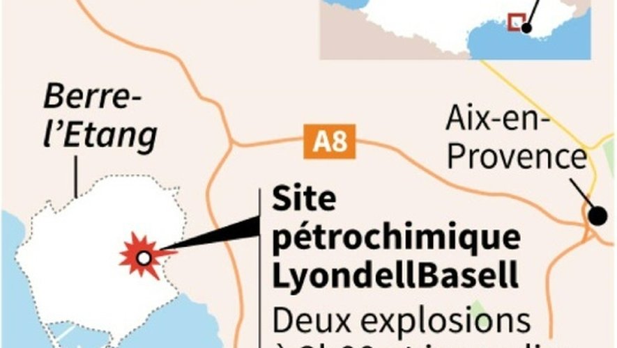 Carte de localisation des explosions et incendies sur un site pétrochimique à Berre-l'Étang, dans les Bouches-du-Rhône