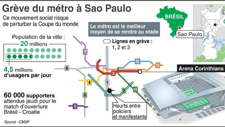Carte du réseau de métro à Sao Paulo avec localisation du stade où se jouera, jeudi, le match d'ouverture de la Coupe du monde de football