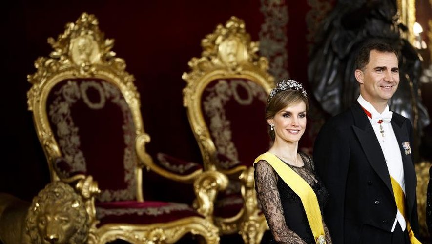 Le prince Felipe et la princesse Laetizia, le 9 juin 2014, avant un diner en l'honneur du président mexicain au Palais royal de Madrid