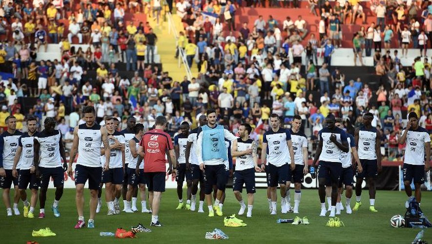 L'équipe de France lors de son premier entraînement, en public, le 10 juin 2014 à Ribeirao Preto au Brésil