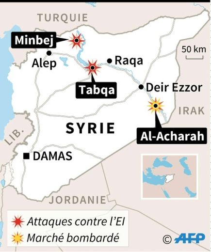 Localisation d'un marché touché par des frappes aériennes et des dernières attaques contre le groupe Etat islamique