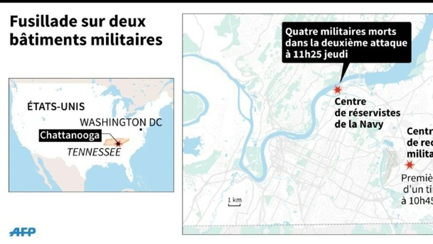 Carte de localisation des deux bâtiments militaires de Chattanooga, aux Etats-Unis, visé par un tireur solitaire et chronologie des attaques