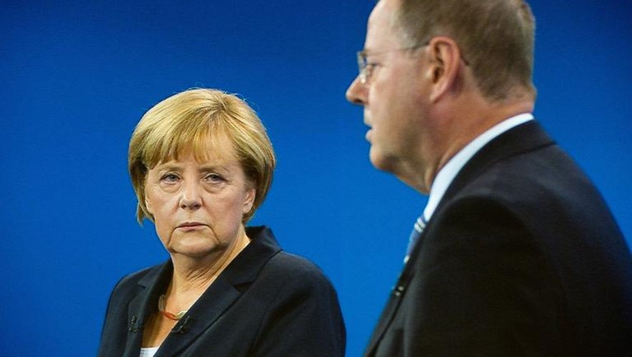 La chancelière allemande Angela Merkel lors d'un débat télévisé face à son rival Peer Steinbrückes, le 1er septembre 2013