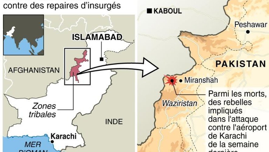 Carte de localisation des raids aériens de l'armée Pakistanaise dimanche matin contre des repaires d'insurgés présumés