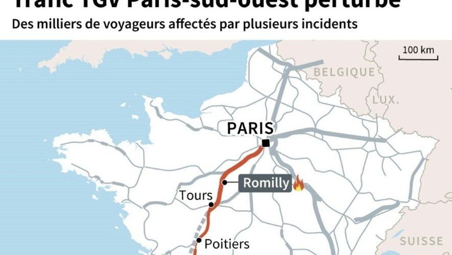 Localisation des différents incidents qui ont perturbé vendredi soir le trafic SNCF dans le sud-ouest