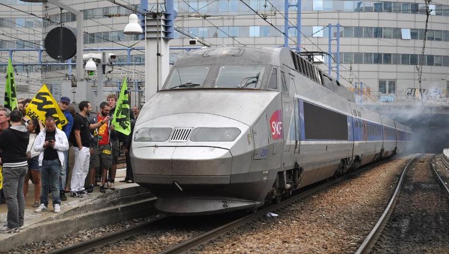 Selon la direction de la SNCF, la grève a coûté 100 millions d'euros. Ici, des cheminots grévistes devant un train TGV à la gare Montparnasse à Paris, le 17 juin 2014