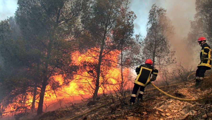 Des pompiers luttent contre un incendie le 26 août 2012 entre Orgon et Senas dans le sud de la France