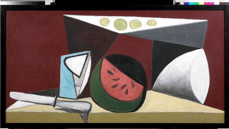 Nature morte à la pastèque, 1946, Peinture oléorésineuse sur contreplaqué, 95 x 175 cm. Musée Picasso, Antibes.