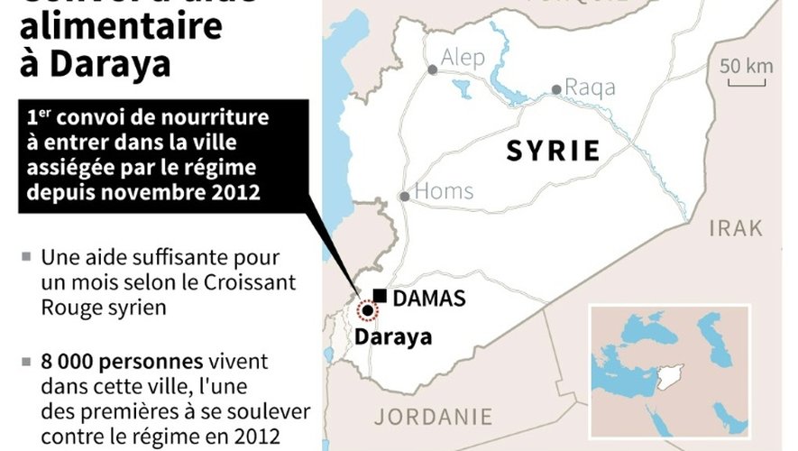 Carte de localisation de Daraya en Syrie, où un premier convoi d'aide alimentaire est entré dans la ville assiégée par le régime depuis 2012