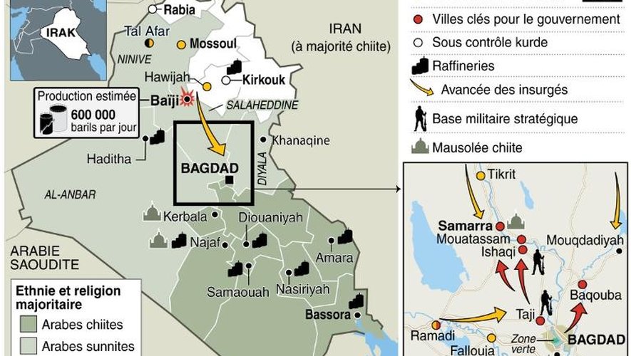 Carte d'Irak des positions des jihadistes et des forces gouvernementales, composition ethnique et religieuse du pays et localisation des 10 raffineries