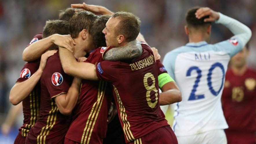 La joie des joueurs russes après leur égalisation face aux Anglais à l'Euro, le 11 juin 2016 à Marseille