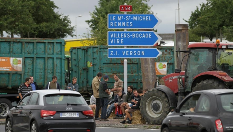 Des éleveurs lors d'une  opération de blocage routier pour protester contre la faiblesse des prix, le 20 juillet 2015 à Breteville-sur-Odon près de Caen