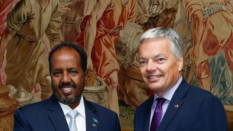 Le président somalien Hassan Cheikh Mohamoud (g) serre la main du vice-Premier ministre belge et ministre des Affaires étrangères Didier Reynders, le 16 septembre 2013 à Bruxelles