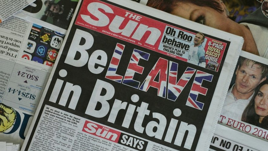La Une du quotidien populaire The Sun le 14 juin 2016 appelant ses lecteurs à voter contre le maintien dans l'UE, jouant sur les mots "quitter" (leave) et "croire (believe) dans la Grande-Bretagne"
