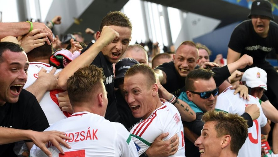 Les Hongrois fêtent le but d'Adam Szalai contre l'Autriche lors de l'Euro, le 14 juin 2016 à Bordeaux