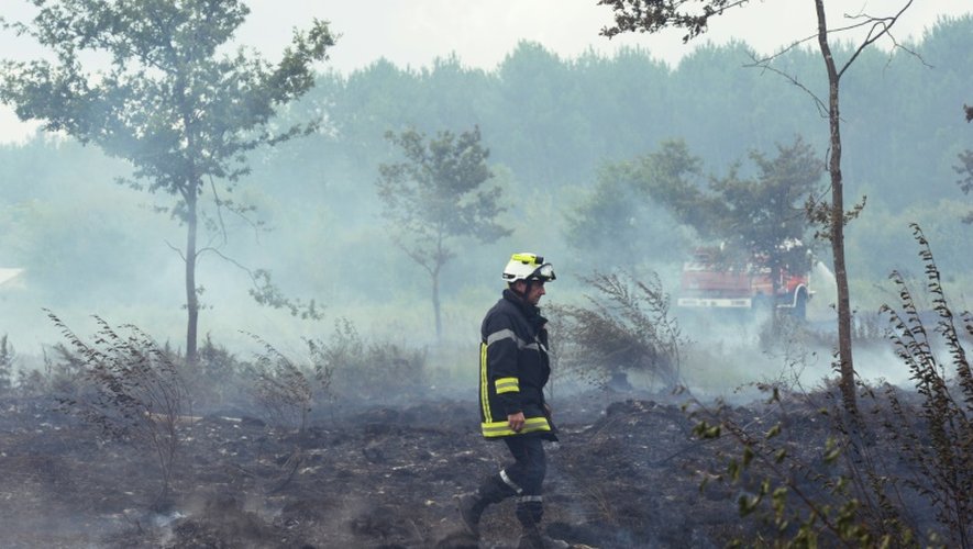 Un pompier surveille le 25 juillet 2015 une pinède calcinée près de Saint-Jean-d'Illac, en Gironde