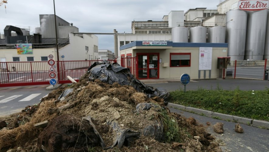 Du fumier déversé par des agriculteurs à l'entrée de l'usine de produits laitiers Elle & Vire le 24 juillet 2015 à Condé-sur-Vire