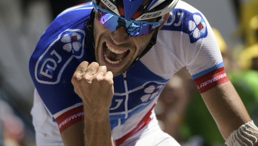 Thibaut Pinot à son arrivée de la 20e étape du Tour de France le 25 juillet 2015 entre Modane Valfrejus et l'Alpe d'Huez