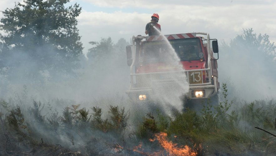 Des pompiers luttent contre le feu le 25 juillet 2015 à Saint-Jean-d'Illac près de Bordeaux