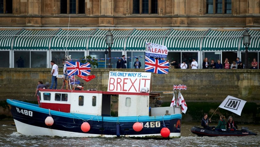 Un bateau fait campagne pour le "Brexit" sur la Tamise, à Londres, le 15 juin 2016
