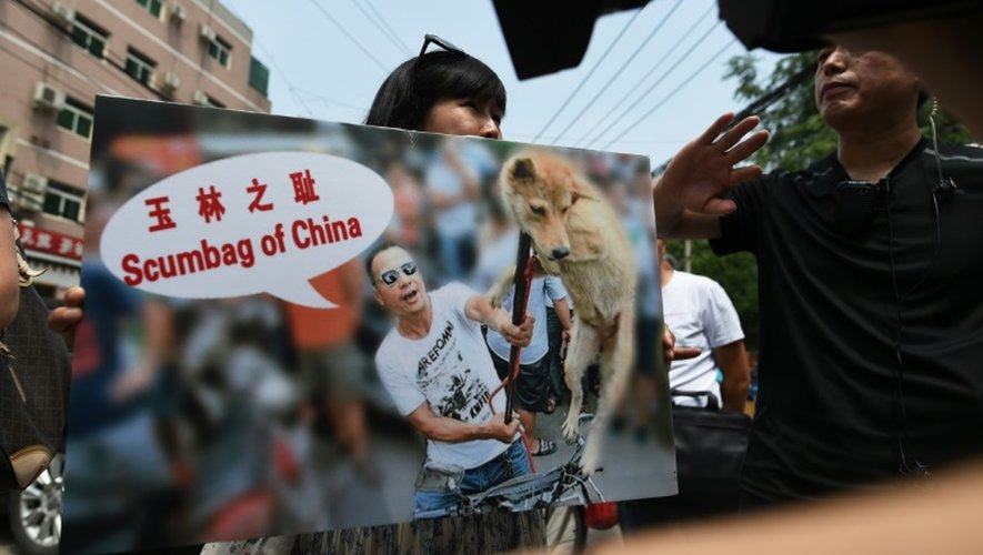Un policier intervient pour empêcher les activistes de déployer leurs bannières contre la consommation de viande de chien, à Pékin le 10 juin 2016