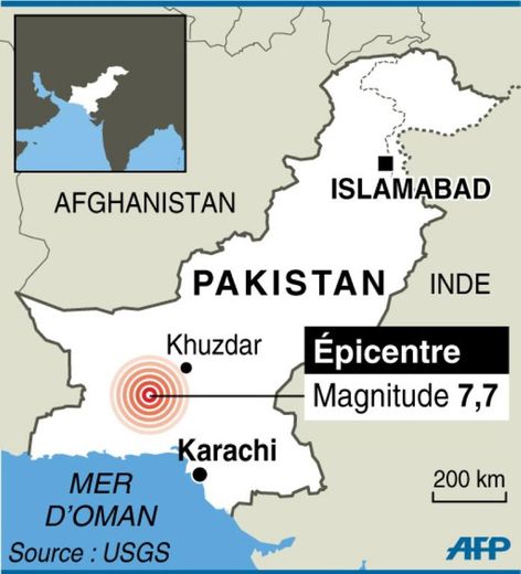 Carte de localisation de l'épicentre du séisme qui a secoué le Pakistan