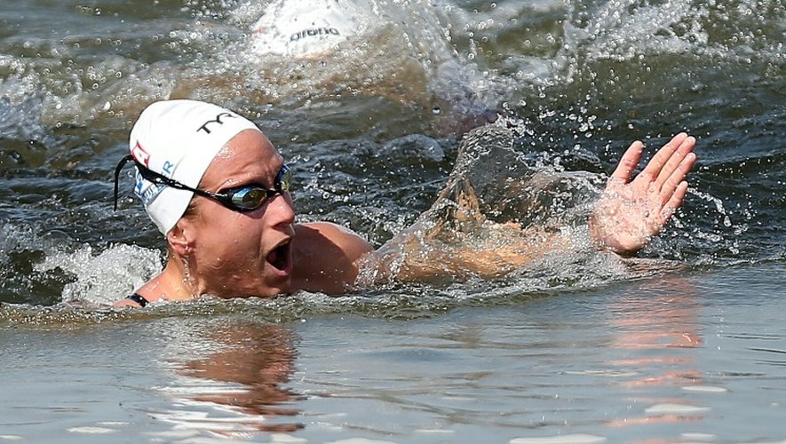 Aurélie Muller lors du 10 km en eau libre lors des Mondiaux de natation, le 28 juillet 2015 à Kazan en Russie