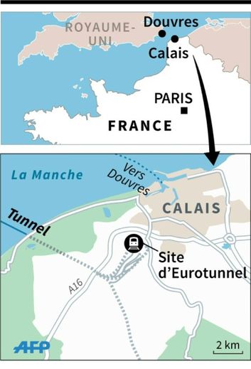 Localisation du site d'Eurotunnel, où 2 000 tentatives d'intrusion de migrants voulant embarquer vers le Royaume-Uni ont été dénombrées dans la nuit de lundi à mardi.