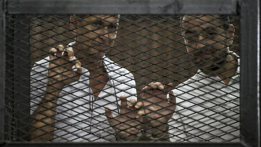 Le journaliste australien Peter Greste (g) et son collègue égyptien Mohamed Baher jugés pour avoir soutenu les Frères musulmans, le 1er juin 2014 au Caire