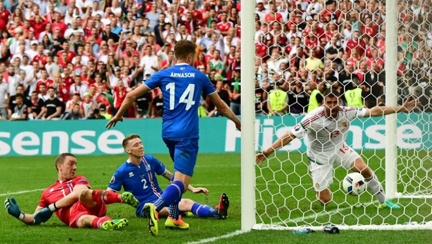 L'Islandais Birkir Saevarsson marque contre son camp contre la Hongrie lors de l'Euro, le 18 juin 2016 à Marseille
