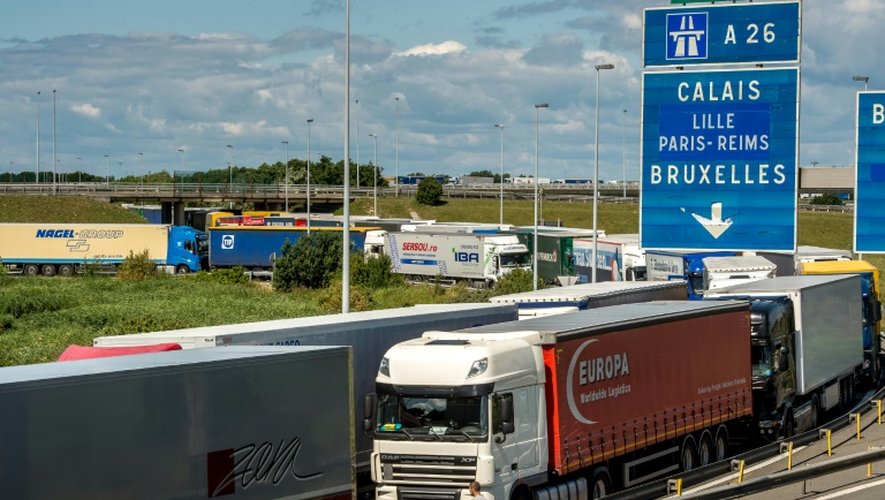 Des camions bloqués à l'entrée de l'Eurotunnel le 29 juillet 2015 à Coquelles