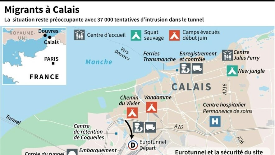 Localisation des sites d'embarquement des ferries transmanche, du site d'Eurotunnel et des camps de réfugiés à Calais
