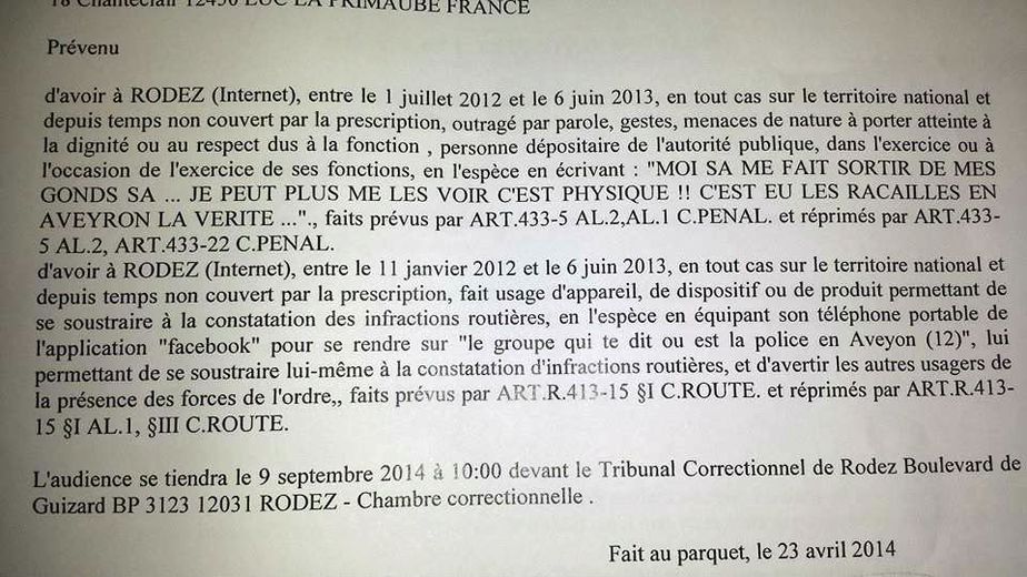 Un extrait de le convocation publiée par l'un des prévenus sur la page Facebook du groupe qui te dit où est la police ne Aveyron.