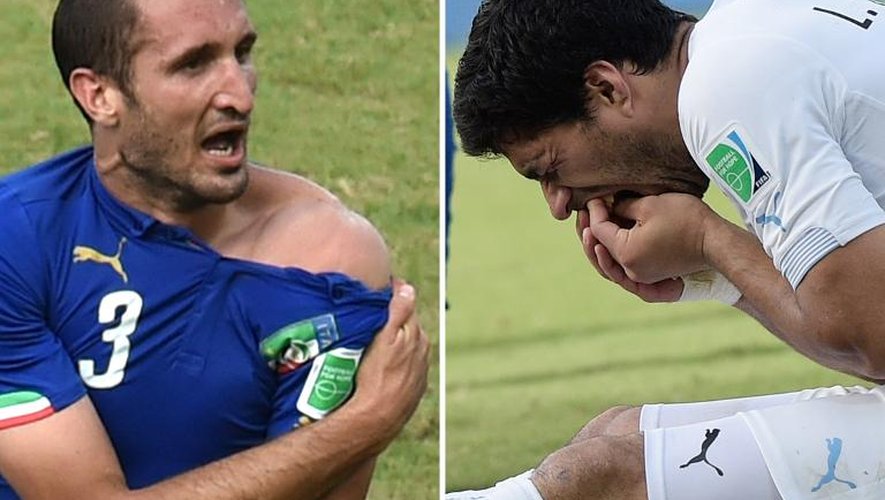 Photomontage: le défenseur italien Giorgio Chiellini (g) montrant la morsure infligée par l'attaquant uruguayen Luis Suarez (d), le 24 juin 2014 à Natal
