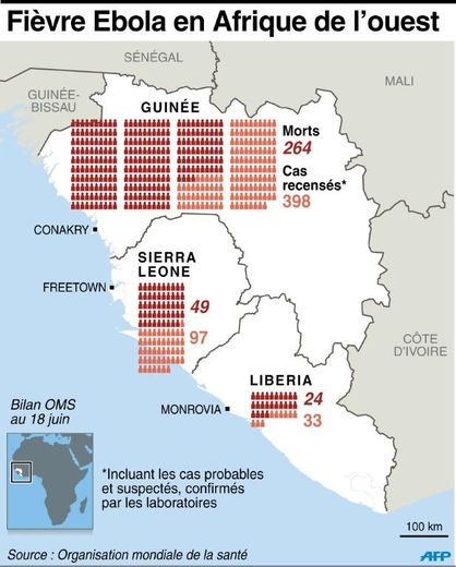 Carte et chiffres de l'OMS et cas suspectés d'Ebola en Afrique de l'ouest
