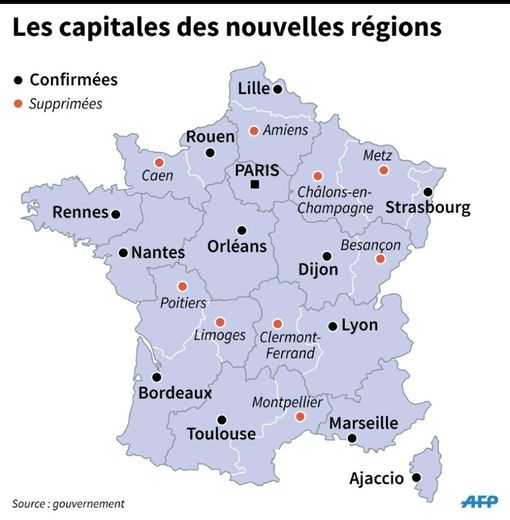 Carte de France avec les capitales des nouvelles régions et les capitales supprimées