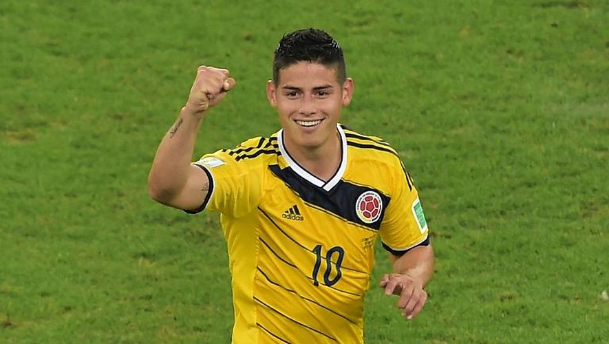 La joie du milieu de terrain colombien James Rodriguez, auteur d'un doublé contre l'Uruguay, le 28 juin 2014 à Rio