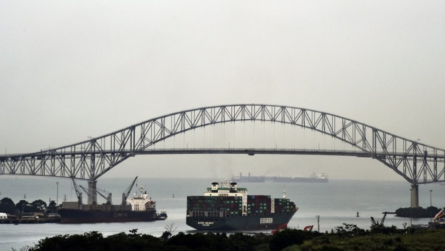 Un cargo passe sous le pont de l'Amérique au Panama, le 23 juin 2016